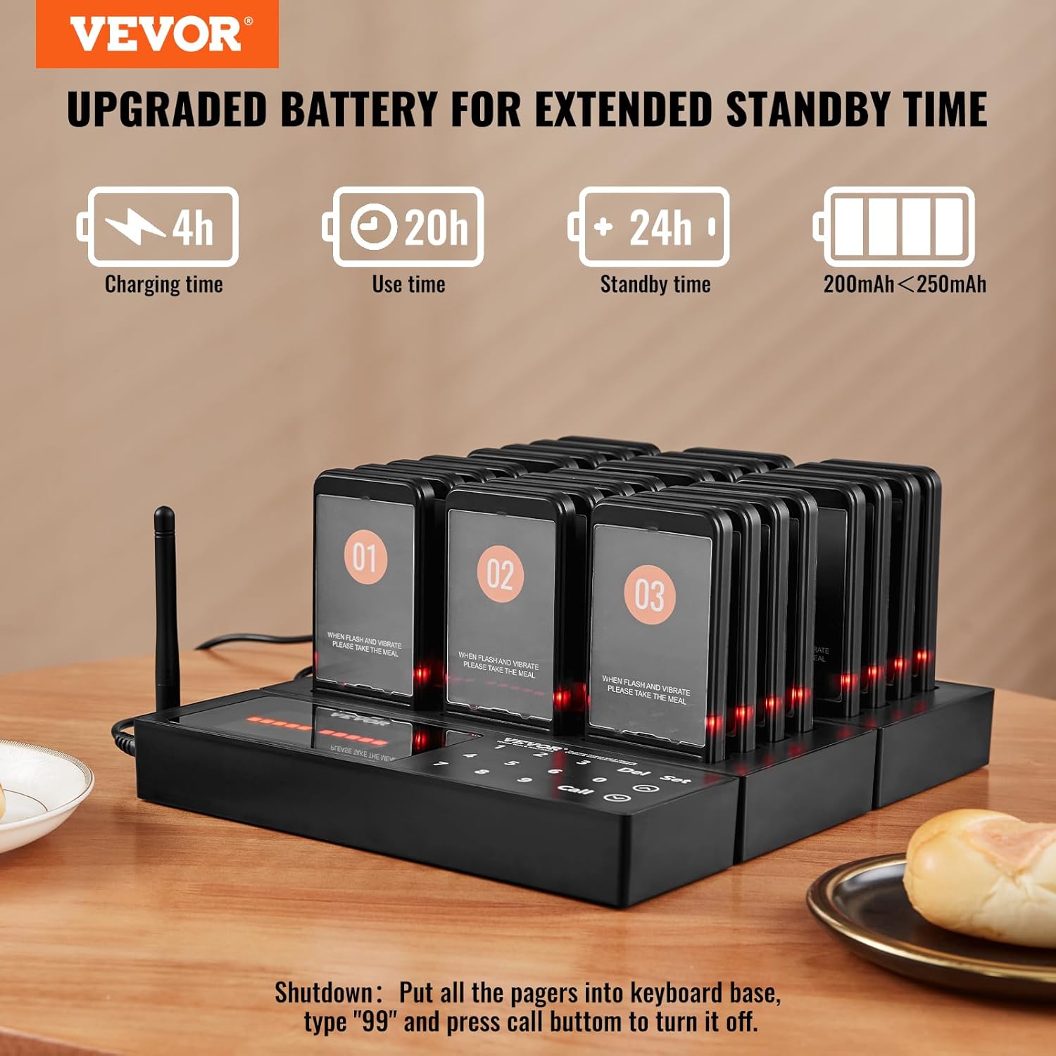 VEVOR Restaurant Pager System,Touch Screen Keyboad Wireless Long Range Lineup Waiting Queue Signal, Guest Customer Calling Beepers with Vibration & Flashing, 24 Buzzers