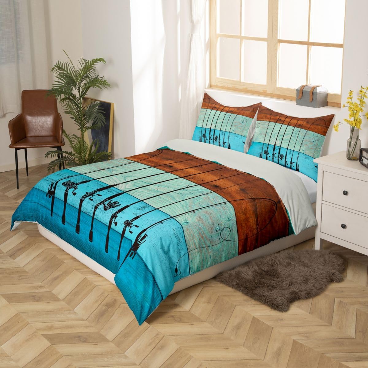 Fishing Comforter Cover Queen Fishing Pole Duvet Cover Fishing Gifts for Men,Vintage Rainbow Wood Bedding Set Go Fish Quilt Cover,Angle Hook Fishing Accessories Rustic Home Decor,Watercolor