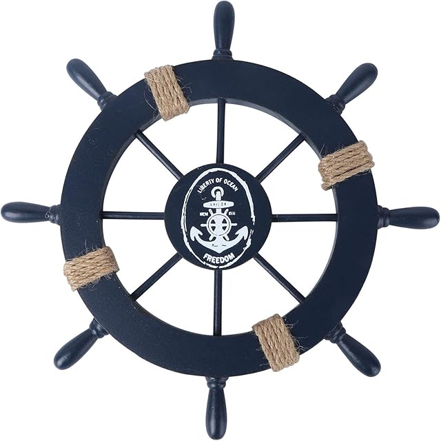TOYANDONA Mediterranean Ship Wheel Decorative Nautical Beach Wooden Boat Ship Wheel Helm Home Wall Party Decoration ( Dark Blue )