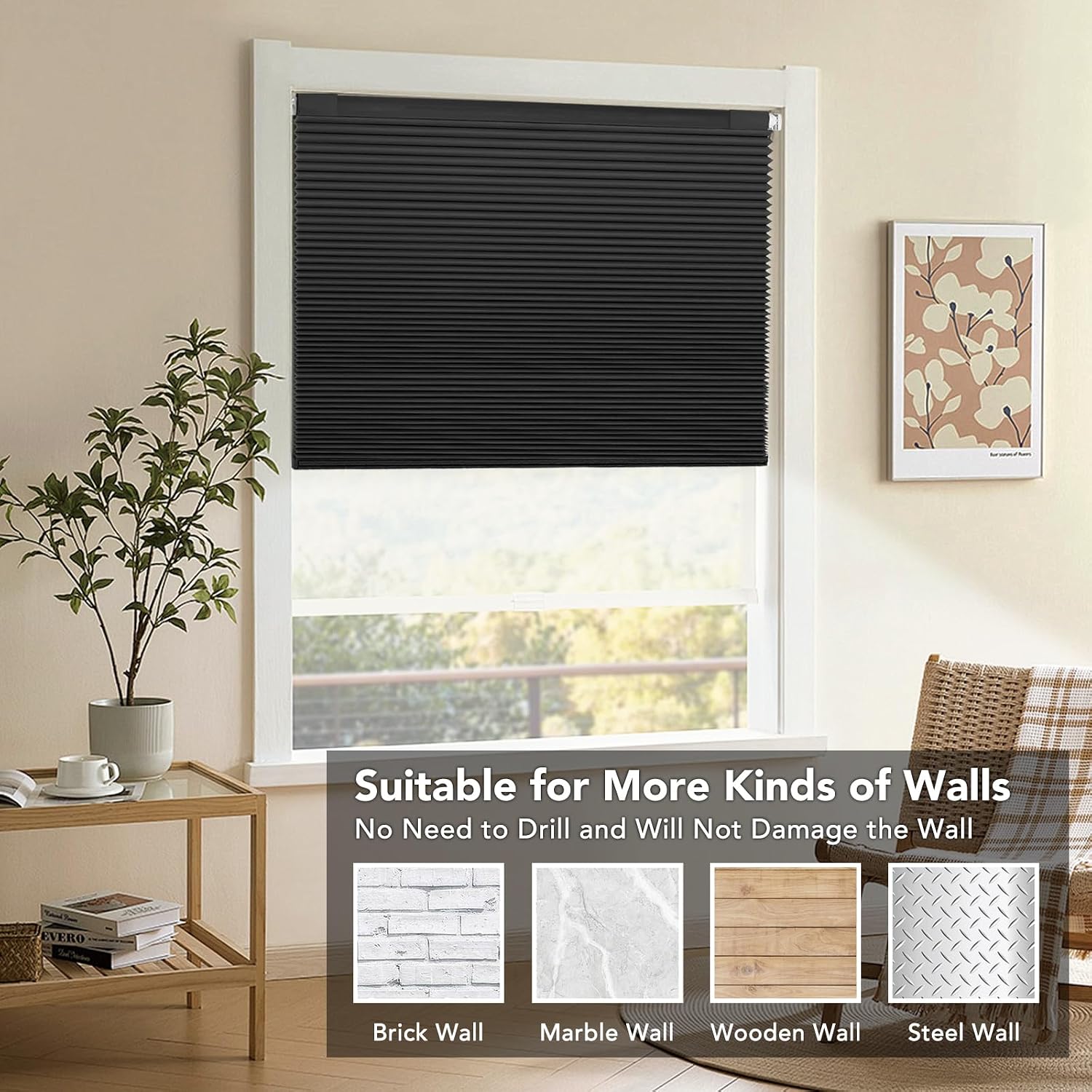 KANAGAWA Cordless Cellular Shades,34"W x 48"H,Black Honeycomb Window Blinds