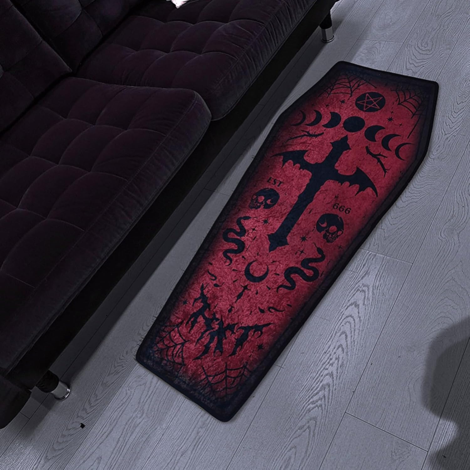 Coffin Bath Mat Halloween Rug - Black Gothic Home Decor, Coffin Bath Mat Black, Goth Decor for Bathroom Bedroom Kitchen Room, Coffins Halloween Door Mat, Horror Spooky Gift Rugs Decor (Red)