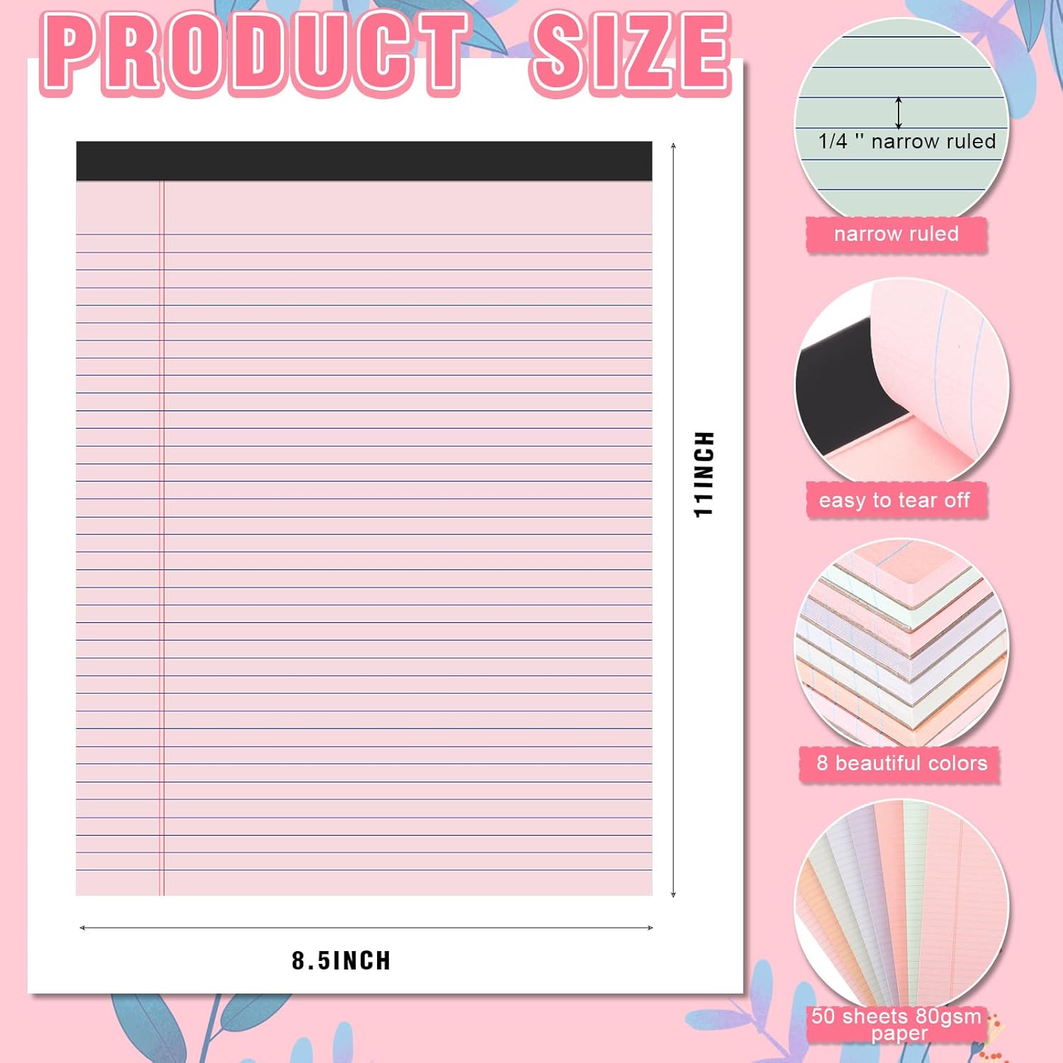 Fuutreo 8 Pcs 8.5'' x 11'' Colored Legal Pad 50 Sheets Per Writing Pads Narrow Ruled Notepad Perforated Writing Notepad Office Supplies for College Office Business (Sweet Color)