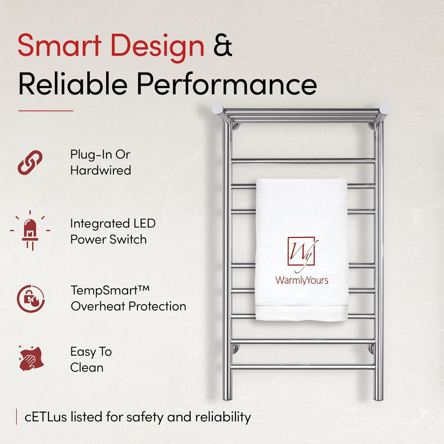 WarmlyYours Towel Warmers for Bathroom - Wall Mounted Heated Towel Rack with Shelf, 11 Bars Polished Stainless Steel, 20 x 36 in. Electric Heating and Drying Rack, 120V Plug-in or Hardwired (Summit)