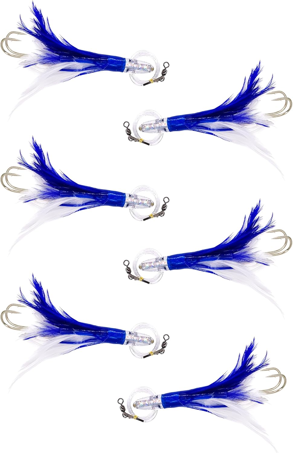 6” Sanhu Tackle Premium Tuna Feathers, 6 Pcs Blue/White Rigged, Saltwater Fishing Lures for Trolling