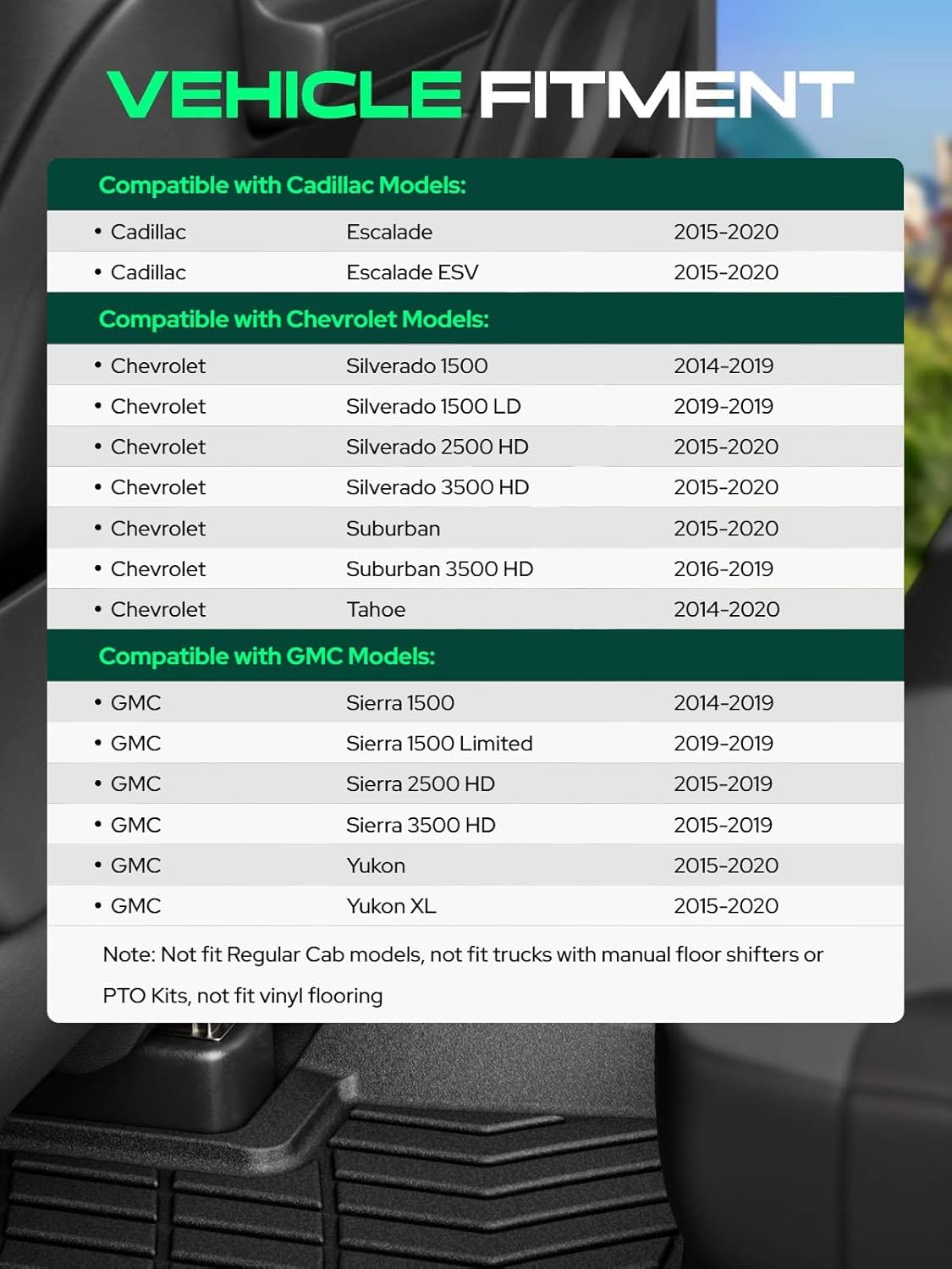 YHTAUTO Automotive Floor Mats Compatible with Cadillac Escalade Chevrolet Silverado GMC Sierra 2014-2020, TPE Floor Liners All-Weather Protection Custom Fit, 1st Row, Set of 2