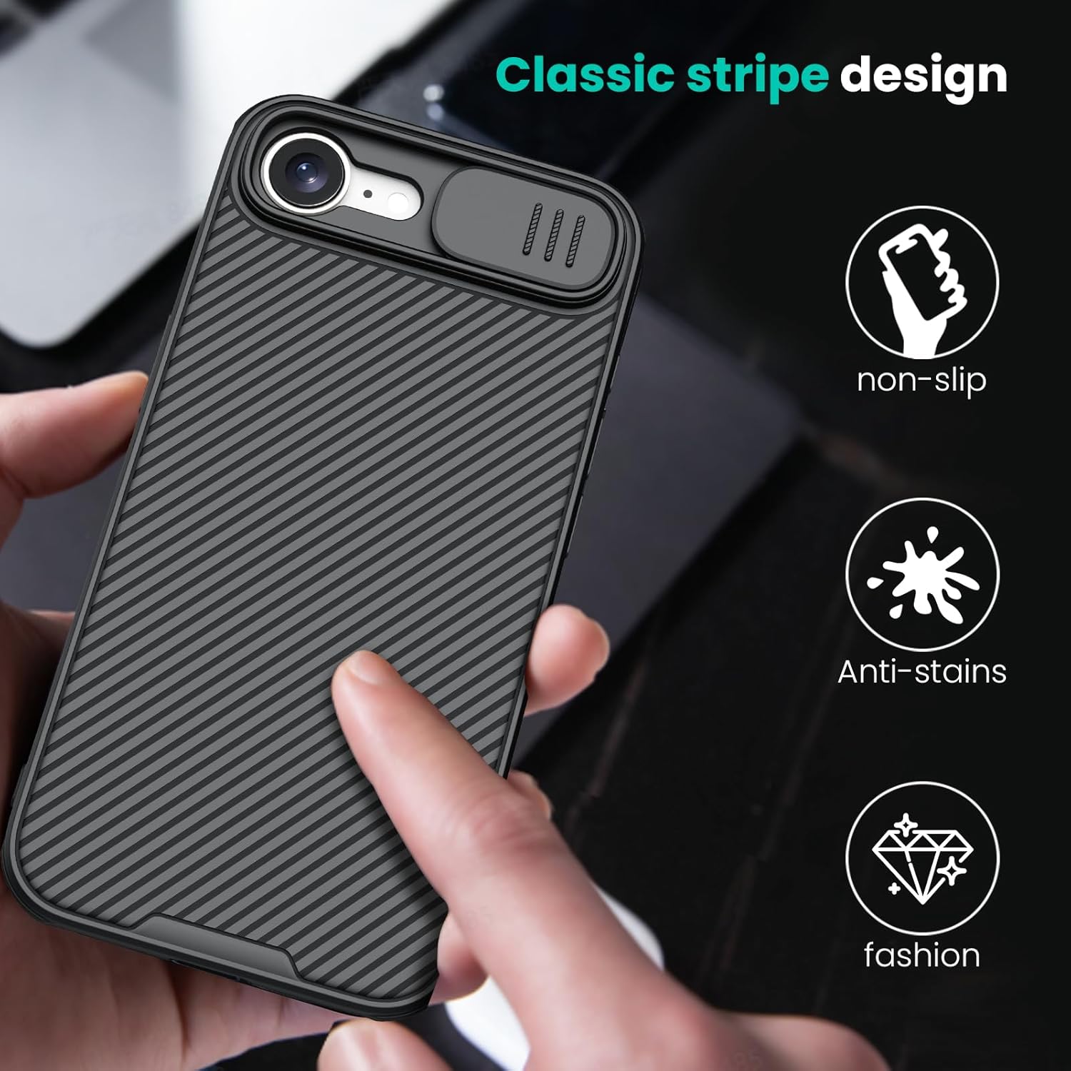 Image highlighting the classic stripe design of the Nillkin case, noting its non-slip, anti-stain, and fashionable attributes.