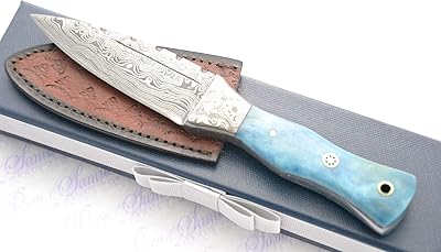 Unique New Genuine Damascus Steel Bespoke Full Tang Coloured Camel Bone Handle Sheffield Sgian Dubh with Leather Sheath Gift Boxed