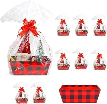 STARANDBEE 8 Pack Baskets For Gifts Empty, 8x10Thick Kraft Gift Basket with 8 Bows 8 Bags Empty Gift Baskets for Mothers day Fathers day Christmas,Easter, Birthdays,Snacks,Red and Black Plaid