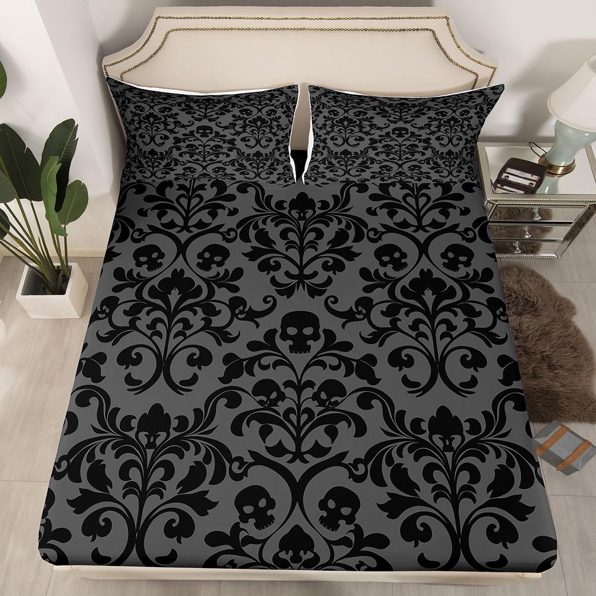Gothic Damask Kids Fitted Sheet Twin Size (No Flat),Gothic Vine Print Skull Bedding Sets 2Pcs for Girls Teens Room Decor,Halloween Bed Sheets Black Grey Deep Pocket Sheet,1 Pillowcase