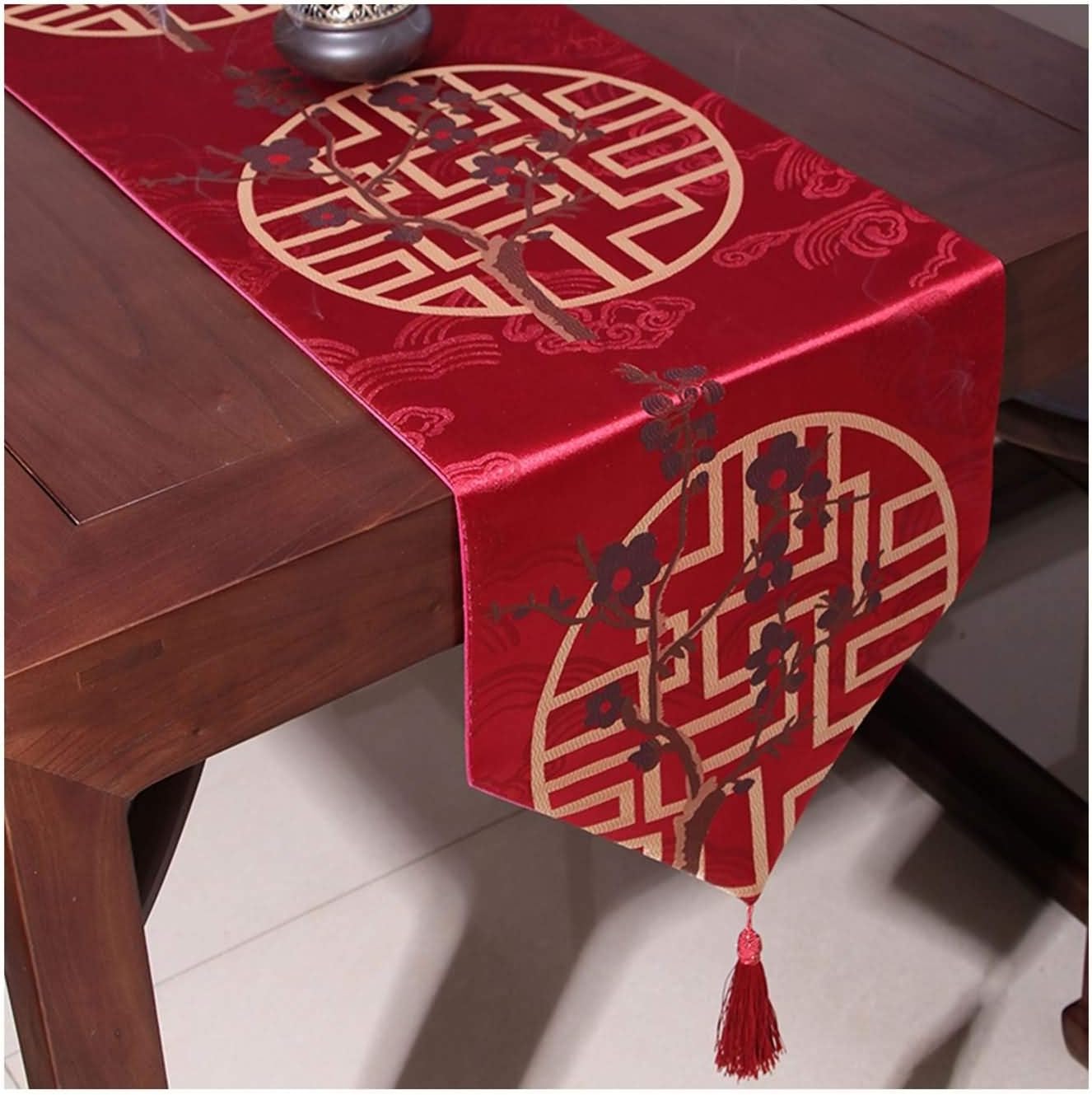 Table Runner Decoration,33x210CM,Flower Pattern with Tassel Home Decor Table Runner Polyester,Table Runner Green