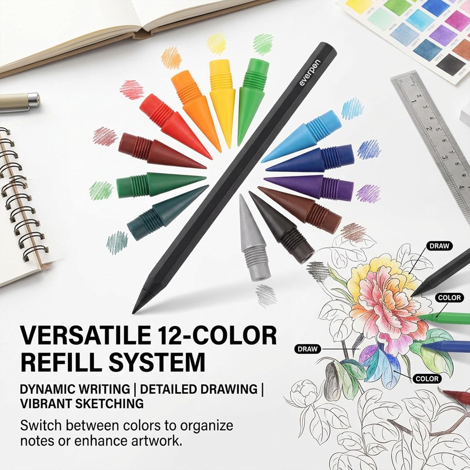 Forever Pencil,Metal Alloy Writing Instrument, With 12 Colored Refill Tips, No Sharpening Required, Pencils for Drawing, Sketching and Writing (Black)