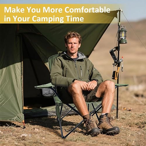 Miniatura 7 de Silla de camping plegable con portavasos y bolsa de almacenamiento, capacidad de 225 libras, pies grandes antideslizantes, tela transpirable con