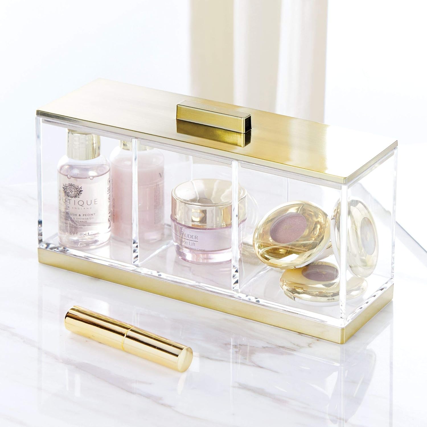 mDesign Cosmetic Divided Organizer Storage Canister Box with 3 Sections and Lid for Bathroom Vanity Countertop - Holder for Cotton Swabs, Perfume, Lipstick - Lumiere Collection - Clear/Soft Brass