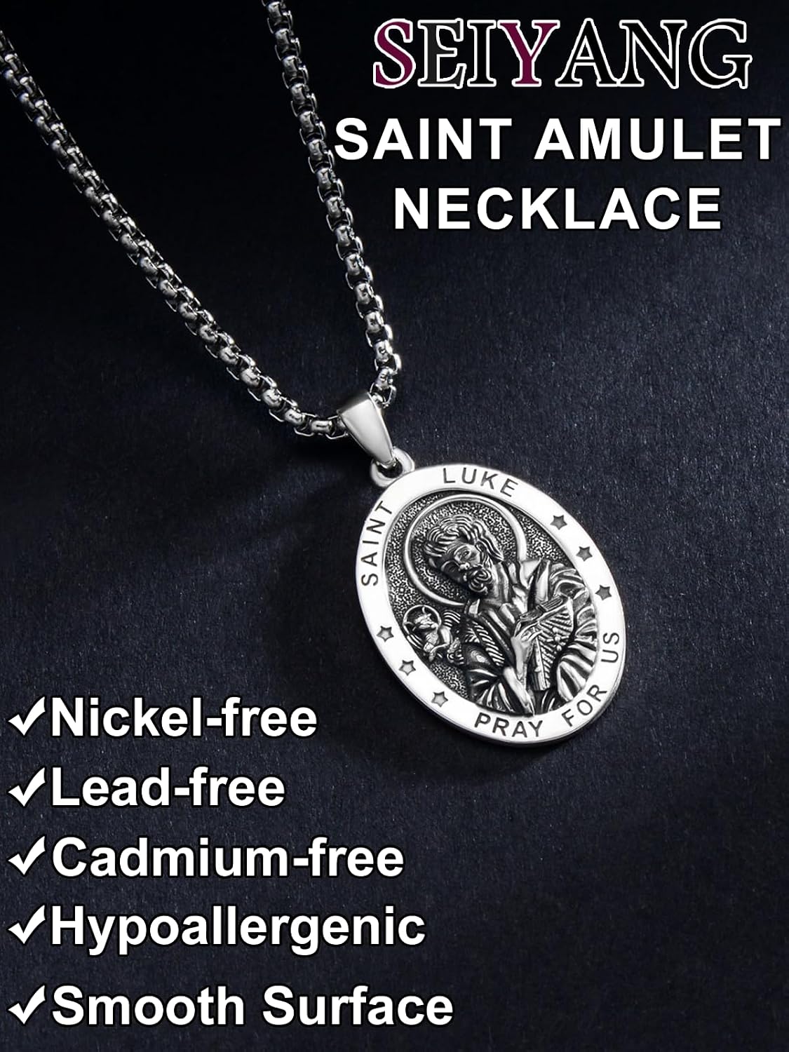 Seiyang Saint Necklace 925 Sterling Silver Patron Amulet Medal Jewelry for Men Women (with Gift Box)