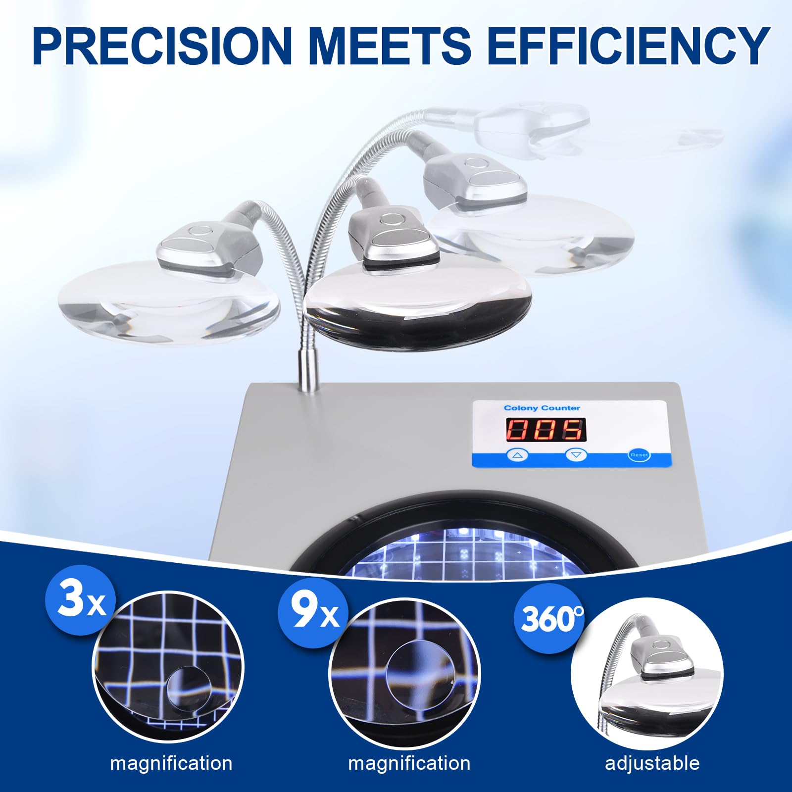 3/9X Magnification Co/lony Counter with Automated Tally and Ring Illumination, Ergonomic Slope Design for Cosmetics Analysis, Sample Detection J-2