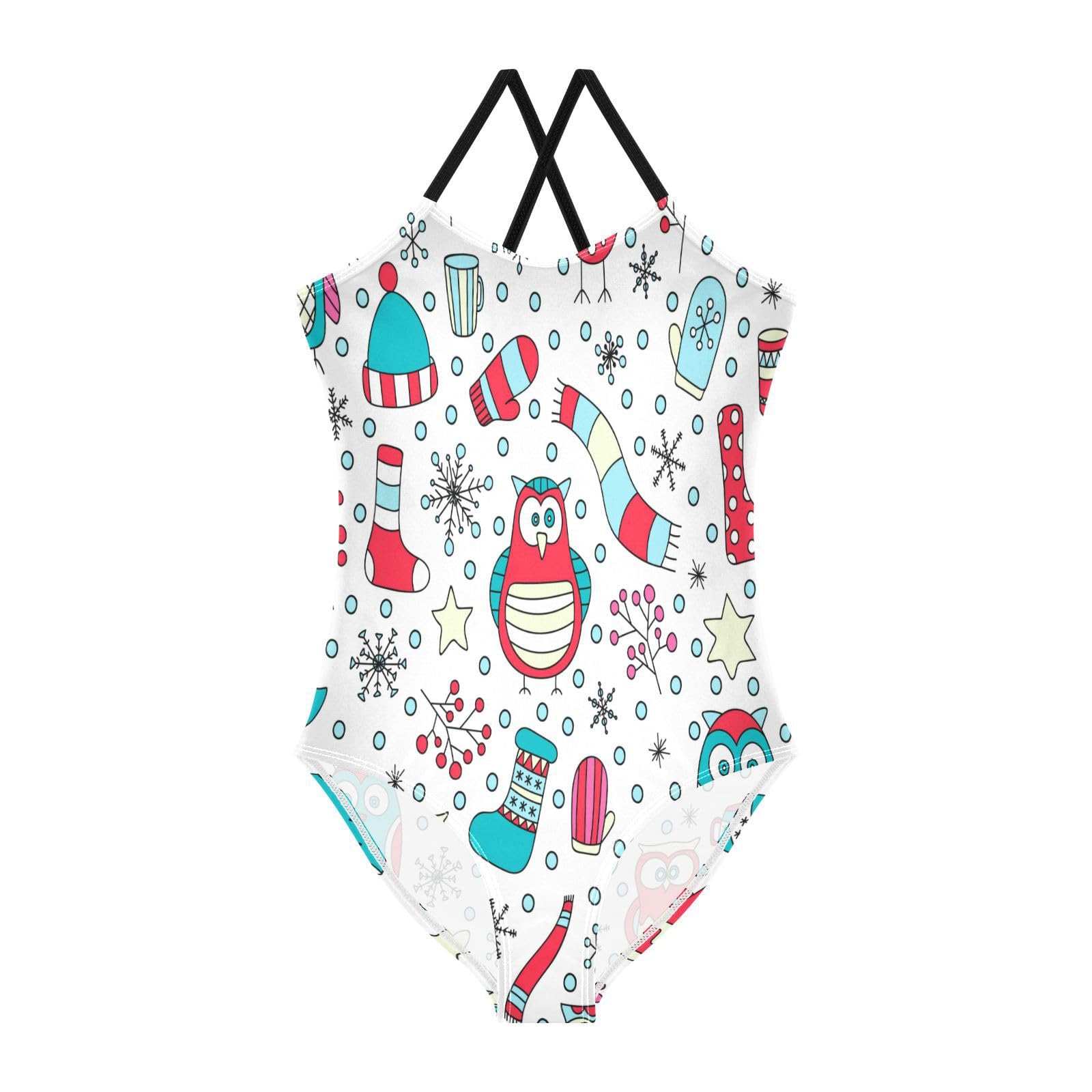 Winter Snowflake Owl Girls One Piece Swimsuit Beach Swimwear Quick Dry Kids Bathing Suits 7-8T