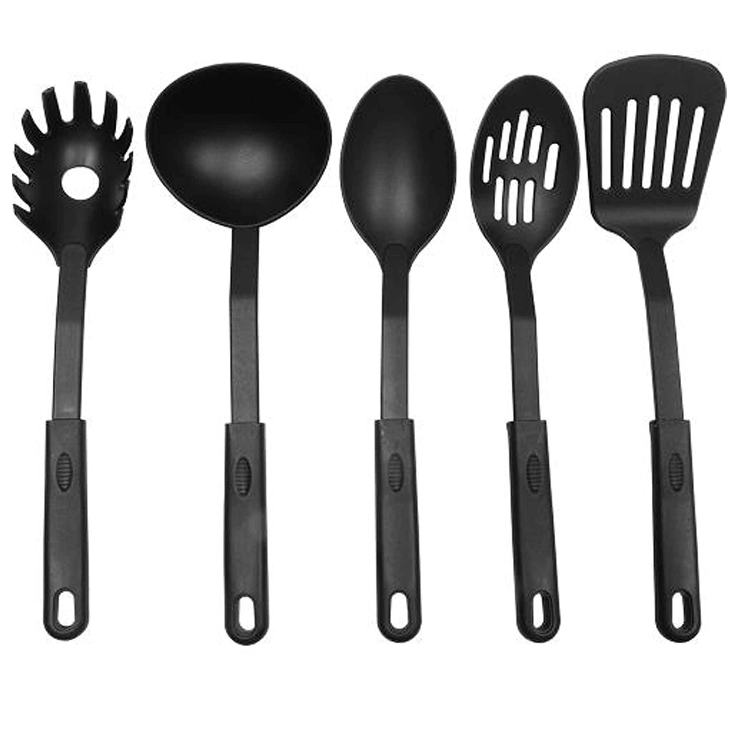 5pc Quality Plastic Kitchen Tool Cooking Utensil Slotted Spatula Spoon Ladle Set, Black