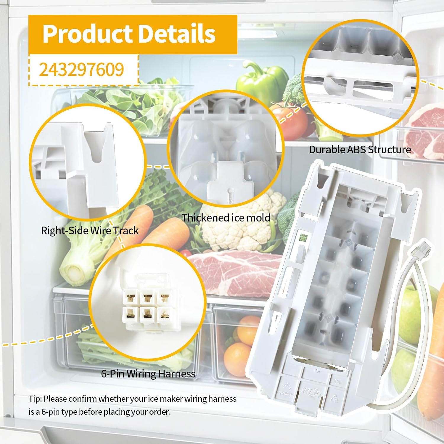 Upgraded 243297609 Ice Maker Replacement Refrigerator Ice Makers Fits for Frigidaire Ice-Maker 243297613, for Electrolux Icemaker Replacement Parts, Replaces 243297606, 6-Pin