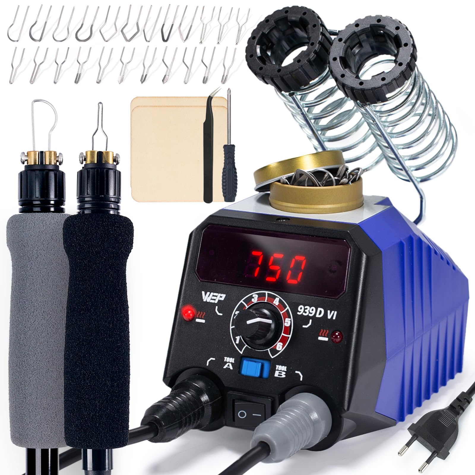 WEP 939D-VI Kit Pirografo per Legno con Doppia Penna 250–750℃ Strumento per pirografia con Selettore A/B, 2 Penne Rimovibili 23 punte pirografo –Adatto per Legno e Pelle (EU Plug)