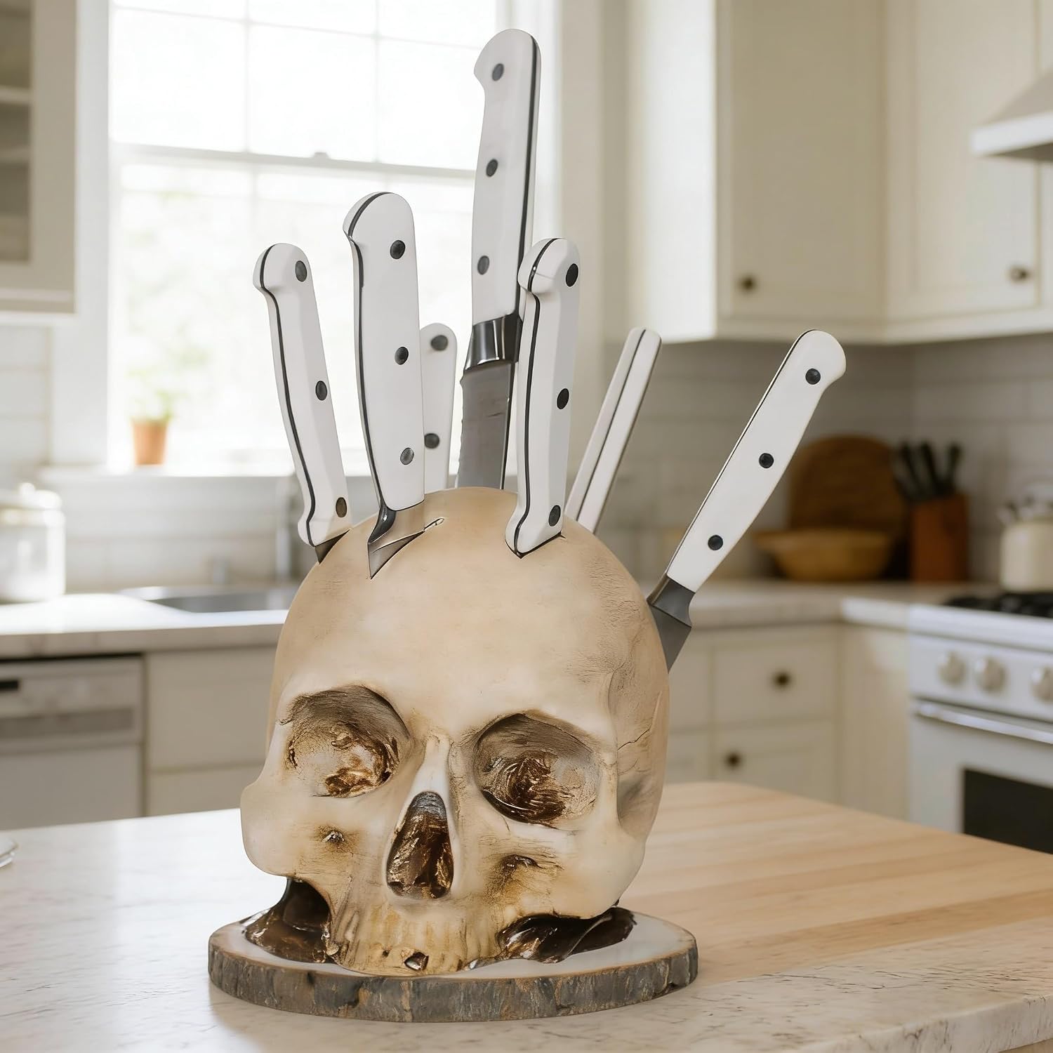 Skull Knife Holder for Kitchen Storage, Funny Skeleton Knife Holder, Creative Horror Kitchen Storage Head Rack, Skeleton Knife Stand for a Scary Party, Unique Fruit Storage Rack Decoration