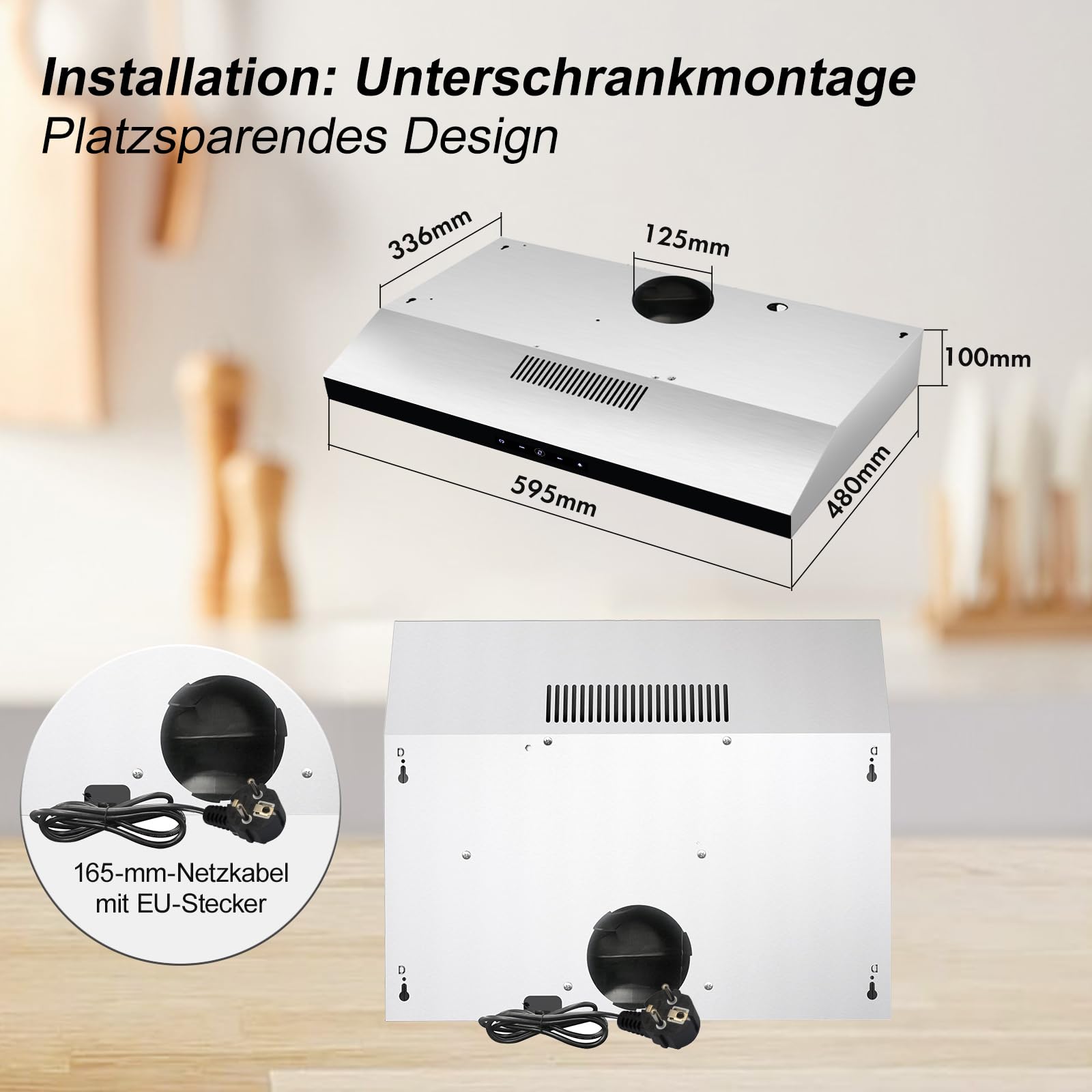 TopStrong Dunstabzugshaube 60cm Unterbau Umluft Abluft mit CF-K Aktivkohlefilter 201 m³/h Edelstahl 3 Stufen Soft Touch