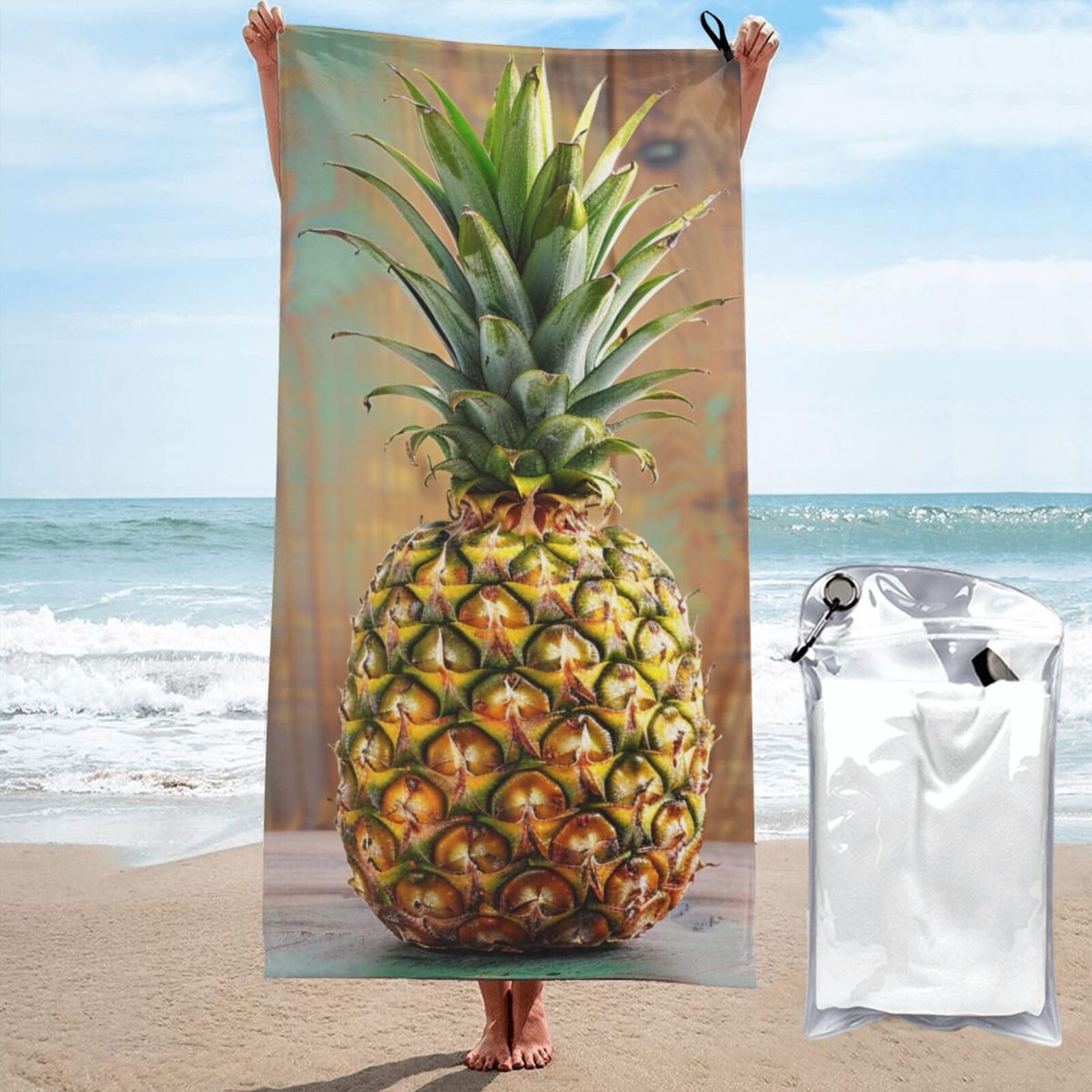 kkvhhyuo Microfiber Beach Towel, Pineapple 1 Printed Lightweight Quick Dry Travel Bath Sheet with Compact Carry Bag for Swimming Yoga Camping Gym,31.5"x63"