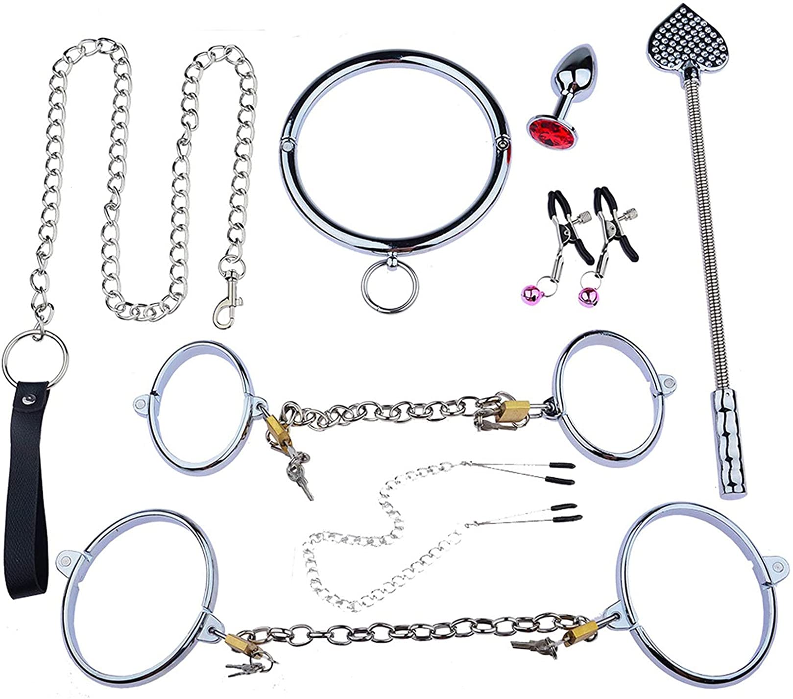 8Pcs Edelstahl Bondage Handgelenk Manschetten Fußfesseln Slave Metall Kragen Halsband Nippel Klemmen Analplug Erwachsene Spiel Set Fetisch Sexspielzeug für Männer Frau paare,Female,Silber