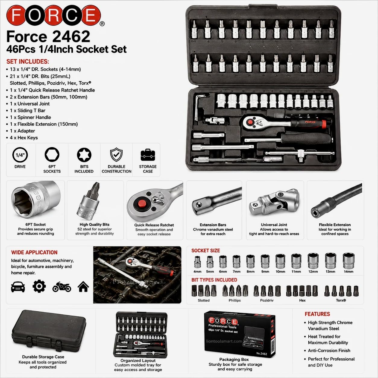 FORCE Professional 46-Piece Socket Set, 1/4-Inch Drive, Complete