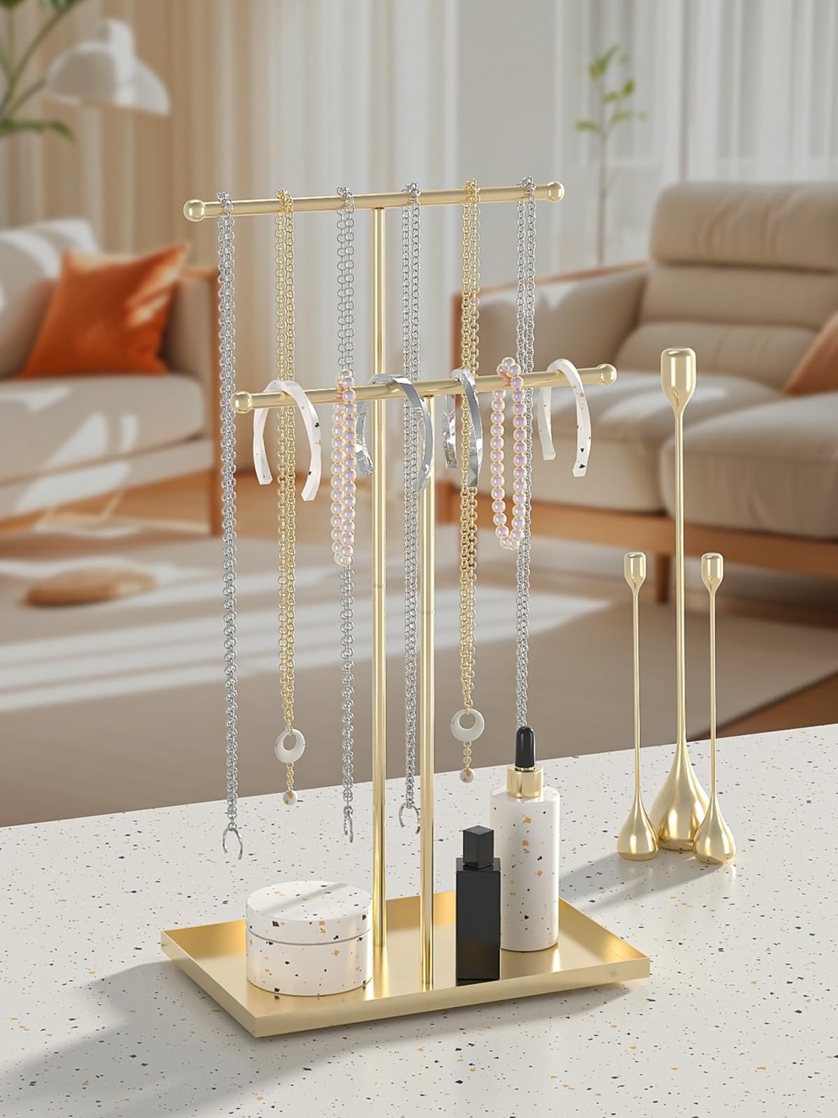 Coward 2-stöckiger Metall-Halskettenständer, Gold, für Damen - Moderner Schmuckhalter mit 2 Fächern und 2 Schubladen, ideal für Heimdekoration und Schmuck-Organizer