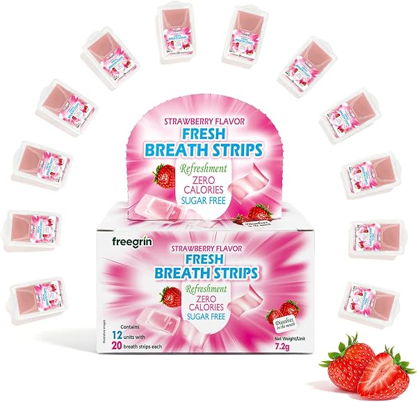 Tiras refrescantes sabor fresa fresca, paquetes individuales 12×20 tiras, cuidado bucal portátil de bolsillo, sin azúcar