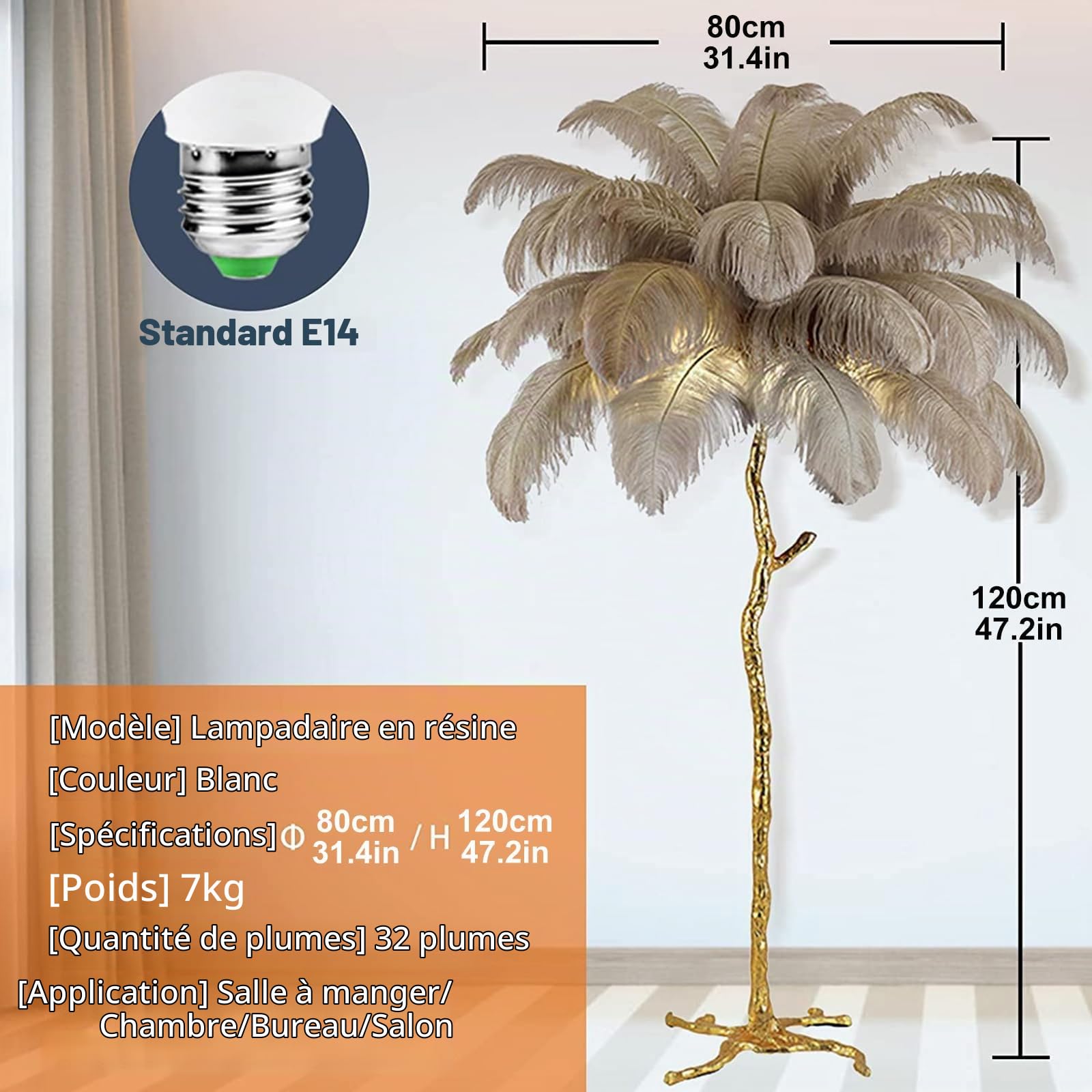 Lampadaire sur Pied Salon, Lampadaire LED Plume d'autruche Naturelle avec une Ampoule LED, Chambre Moderne Luxe Lampe sur Pied pour Villa Bureau Hôtel Salon Chambre (Brun, 120cm)