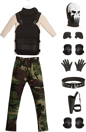 Boys Skull Masked Military Costume for Kids | Camouflaged Combat Soldier Uniform | Army Trooper Halloween Outfit