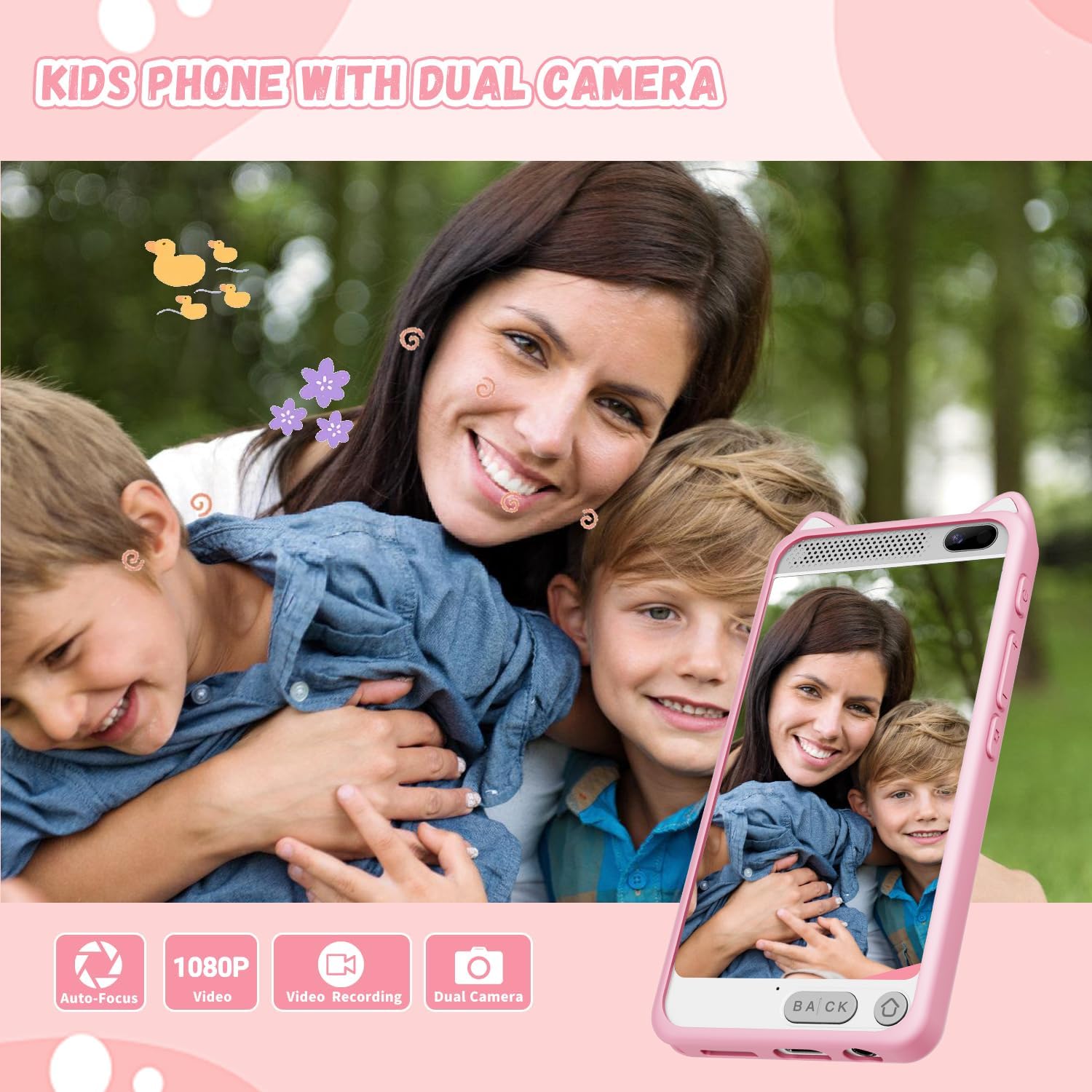 Kids Smart Phone for Girls, 3.97" Touchscreen Kids Phone Toys for 3-12 Birthday, Dual Camera, Built-in 8G SD Card Cell Phone for Boys Girls Toys(Pink)