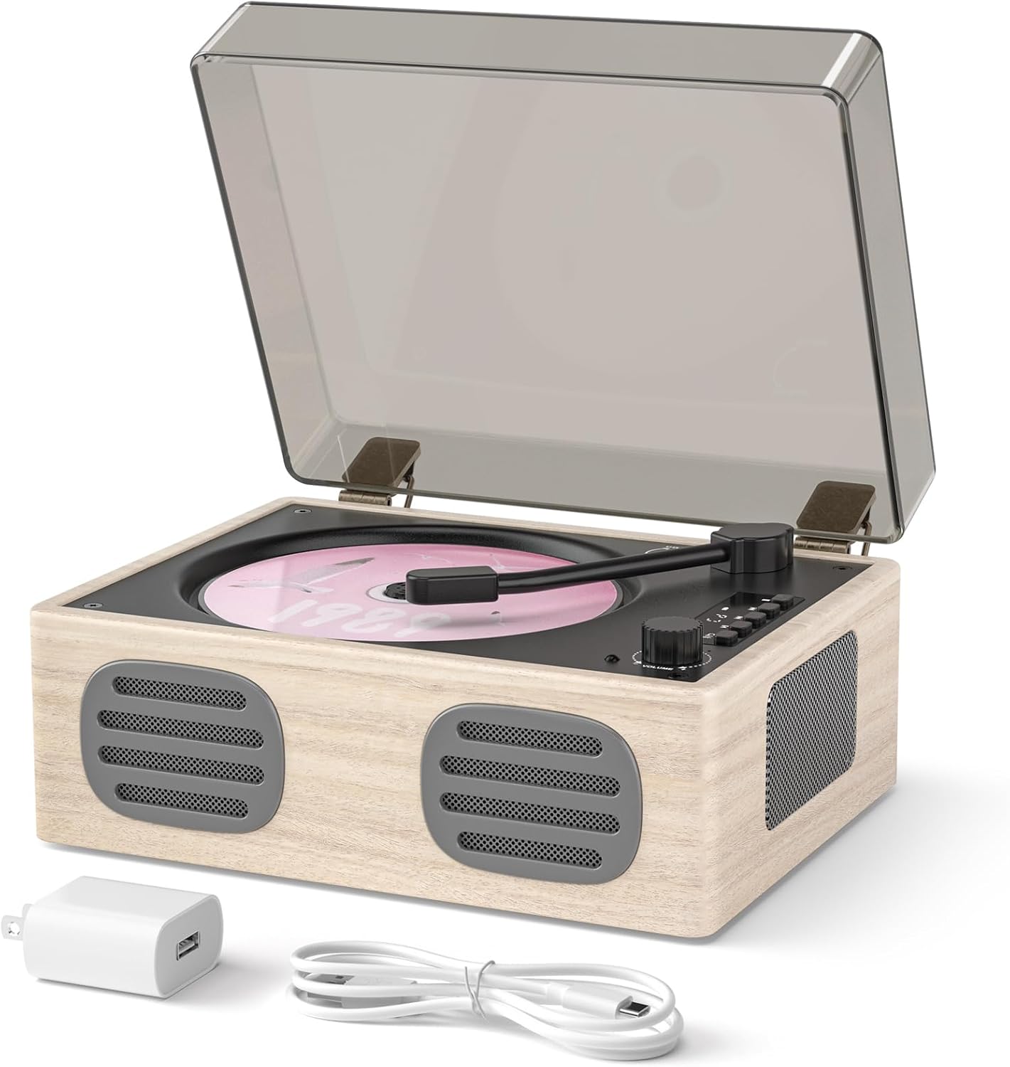 Retro Bluetooth CD Player with Speakers, LED Screen, Bluetooth Input & Output, Rechargeable Battery – Vintage Wooden Music Player for Home Décor & Gifts, Grey Wooden