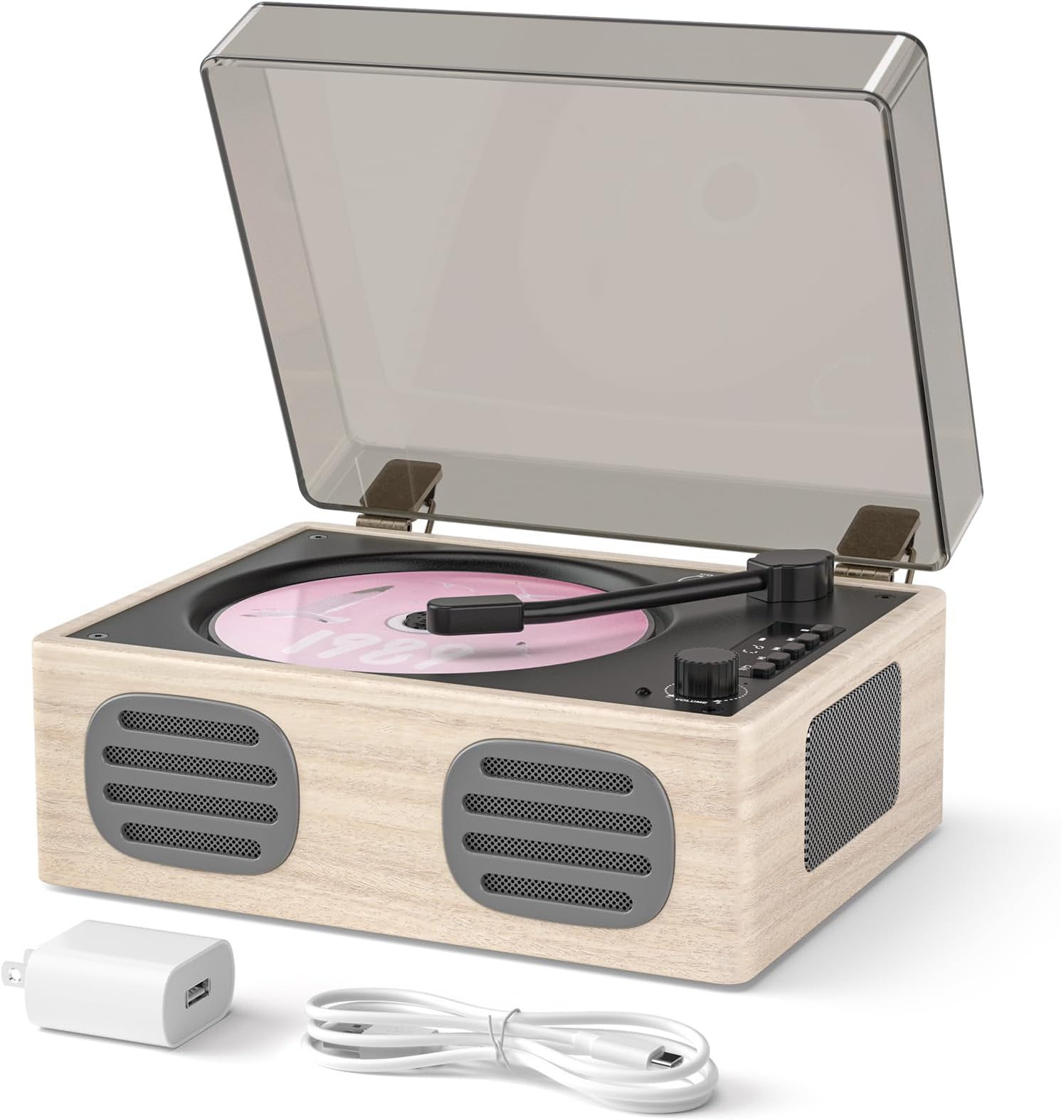Portable Retro CD Player with Speakers, Bluetooth Input & Output, LED Screen, Rechargeable Battery – Vintage Wooden Music Player for Home Décor & Gifts, Grey Wooden