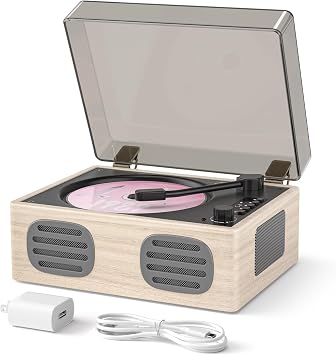 Portable Retro CD Player with Speakers, Bluetooth Input & Output, LED Screen, Rechargeable Battery Vintage Wooden Music Player for Home Decor & Gifts, Grey Wooden