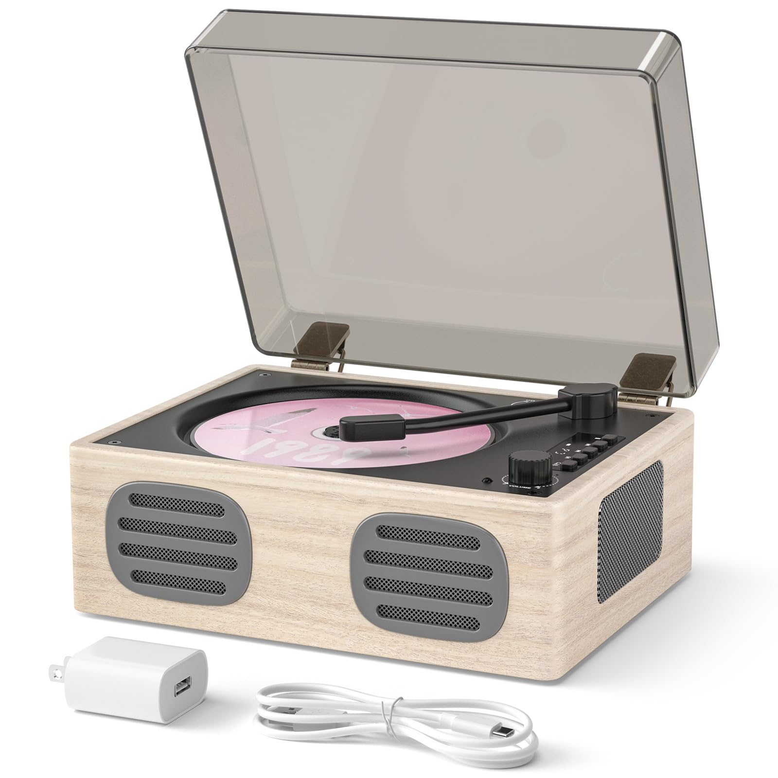 Portable Retro CD Player with Bluetooth Transmitter and Dual HiFi Speakers, LED Screen, Desktop Vintage Nostalgic Rechargeable CD Music Player for Home, Grey Wooden-image-25