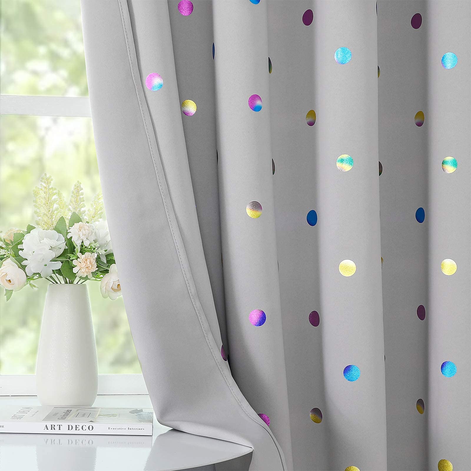 Grey 90% Blackout Window Curtain Panels Colorful Metallic Polka Dots Print Curtains for Kids Room Living Room 52 x 95 Inch Room Darkening Energy Efficient Draperies for Children Bedroom, 2pcs