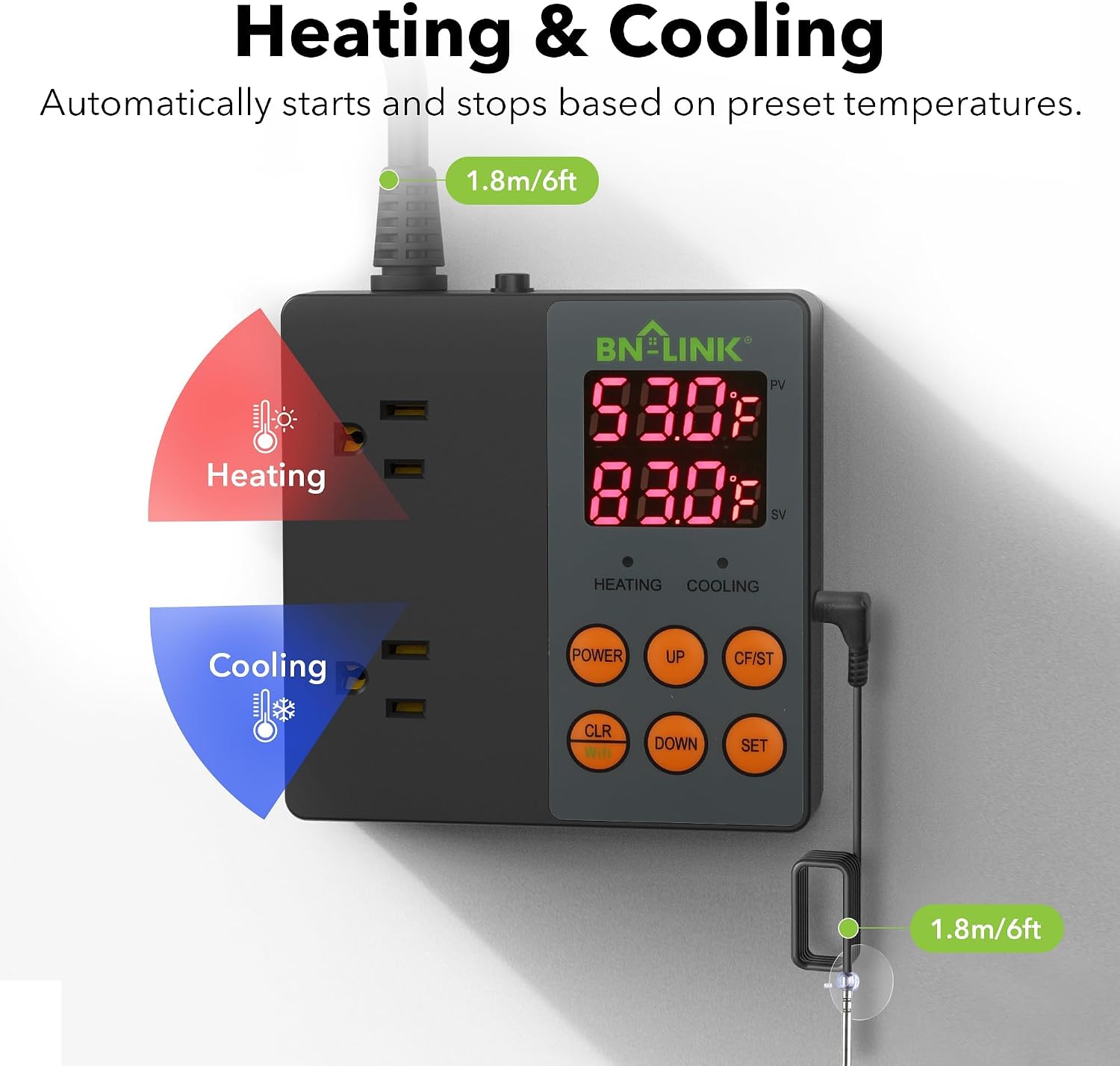 BN-LINK Smart WiFi Digital Temperature Controller Heating Cooling, Works with Alexa and Google Home. For Reptiles Aquarium Carboy Homebrew Breeding Fermenter Seed Germination °C/°F -40-176°F 15A/1875W