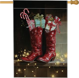 Boots House Flag, Christmas Festive Presents Candy Canes Xmas Red Double Sided Burlap Outside Large Garden Flag for Outdoor Patio Lawn Entrance Campsite 28x40 Inch