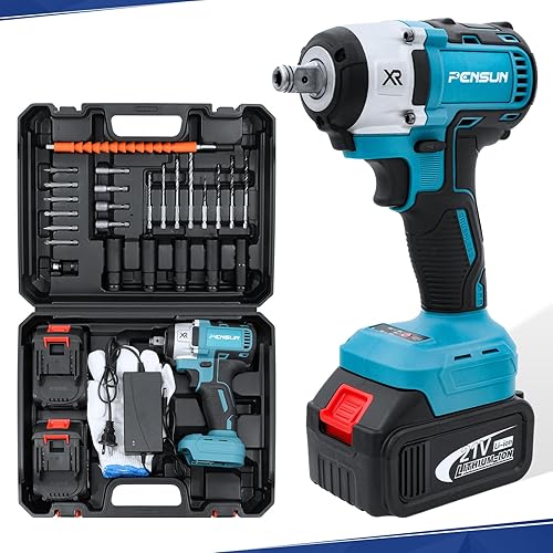 PENSUN Llave de impacto inalámbrica con luz de trabajo, 3000 RPM y par máximo de 260 pies-libras, llave de impacto sin escobillas, pistola de
