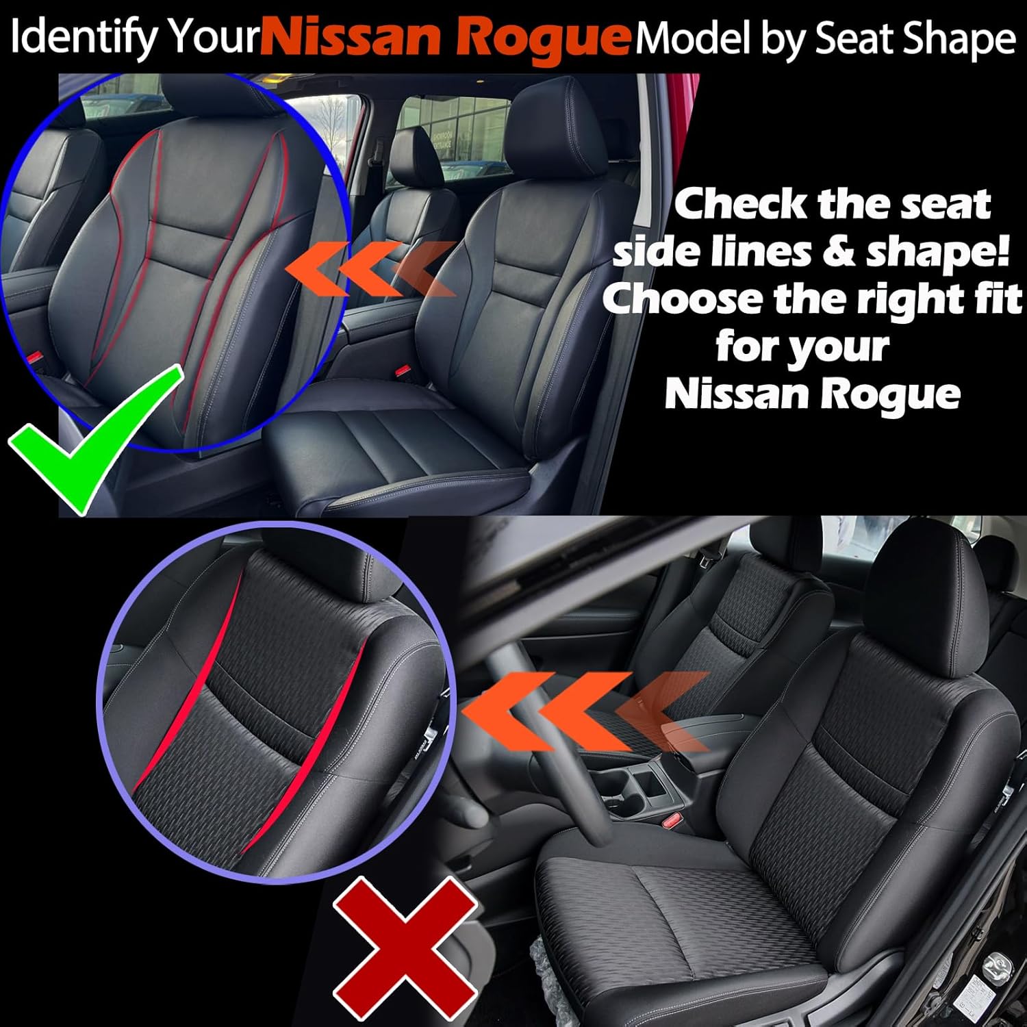 HKZ Custom Fit Rogue Seat Covers for Nissan Rogue Regular 2021 2022 2023 2024 2025 2026 S SV SL Platinum Dark Armor Rock Creek (Non-Hybrid&Sport Model) - Leatherette (Black)