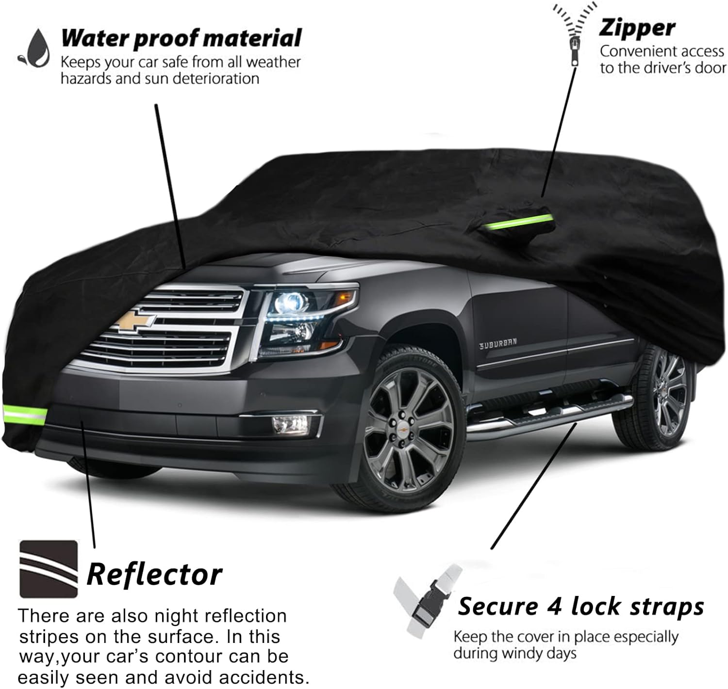 YIXIN Waterproof Car Cover for 2007-2026 Chevy Suburban/GMC Yukon XL/Cadillac Escalade ESV Car Cover Custom Fit 100% Waterproof Windproof Strap & Single Door Zipper Up to 226” L (Black)