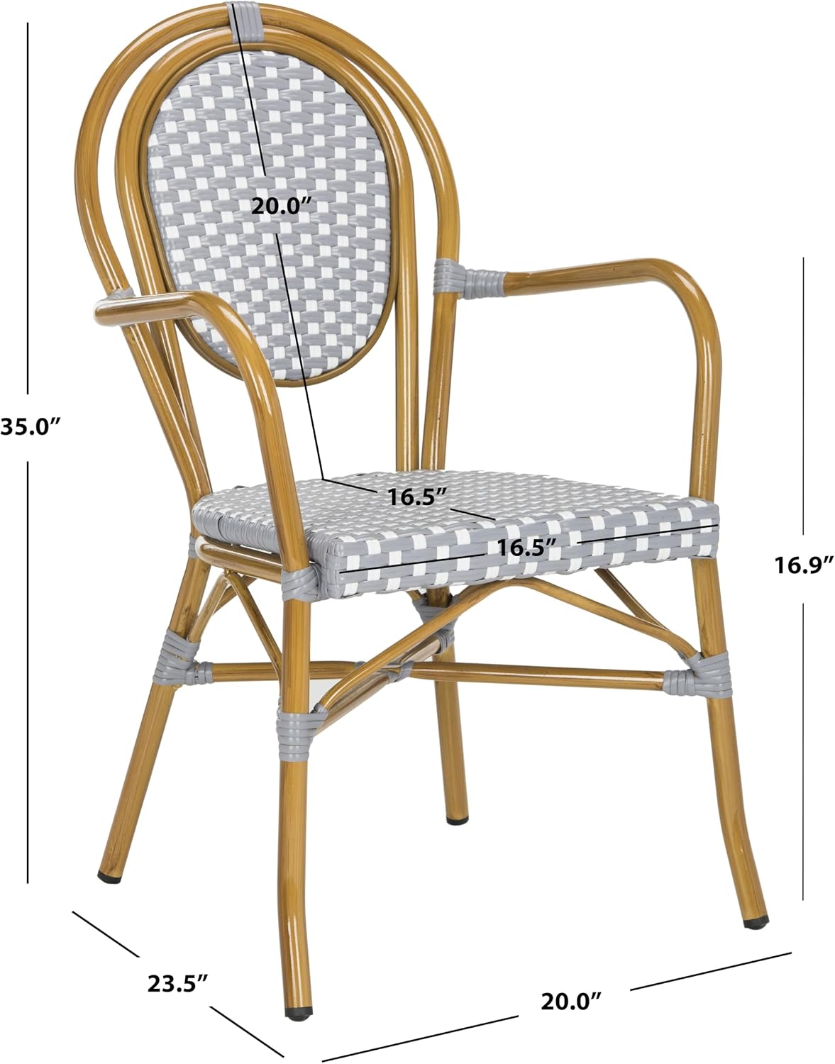SAFAVIEH Outdoor - Rosen Bistro Arm Chair Set of 2 - Grey & White - Faux Wicker & Aluminum Frame - French Bistro Curved Design - Ideal for Patio, Deck, Sunroom, Dining, 17" Seat Height (PAT4014B-SET2)