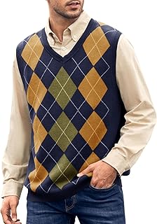 Hestenve Mens Argyle Sweater Vest V Neck Sleeveless Silm Fit Knitwear Pullover Knitted Rib Knit Tops