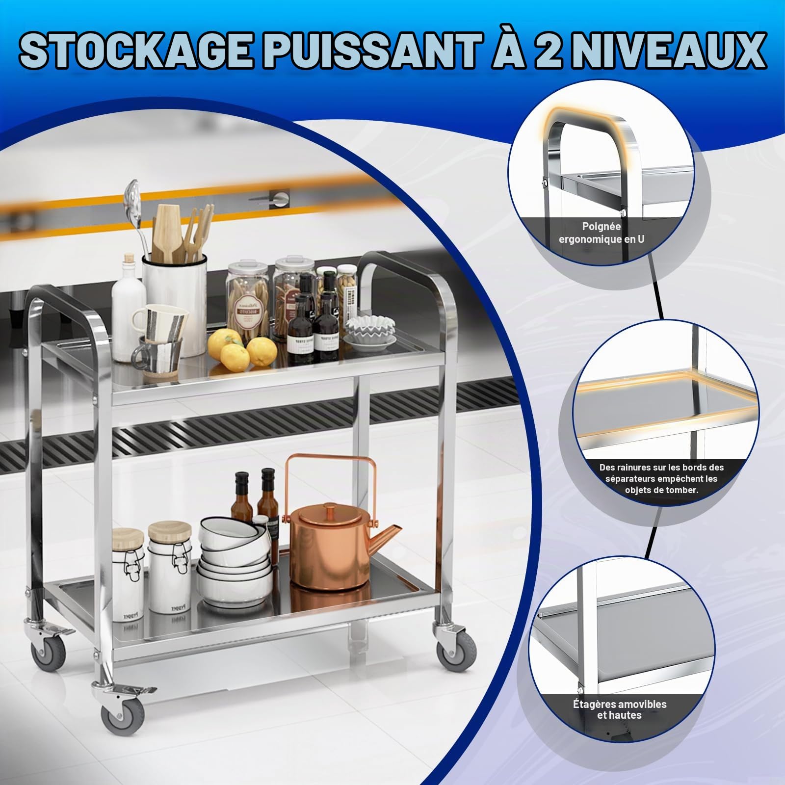 Chariot de Service INOX Service desserte de Cuisine à roulettes avec roulettes, 2 étagères, Chariot de Restaurant (75 * 40 * 83.5cm)