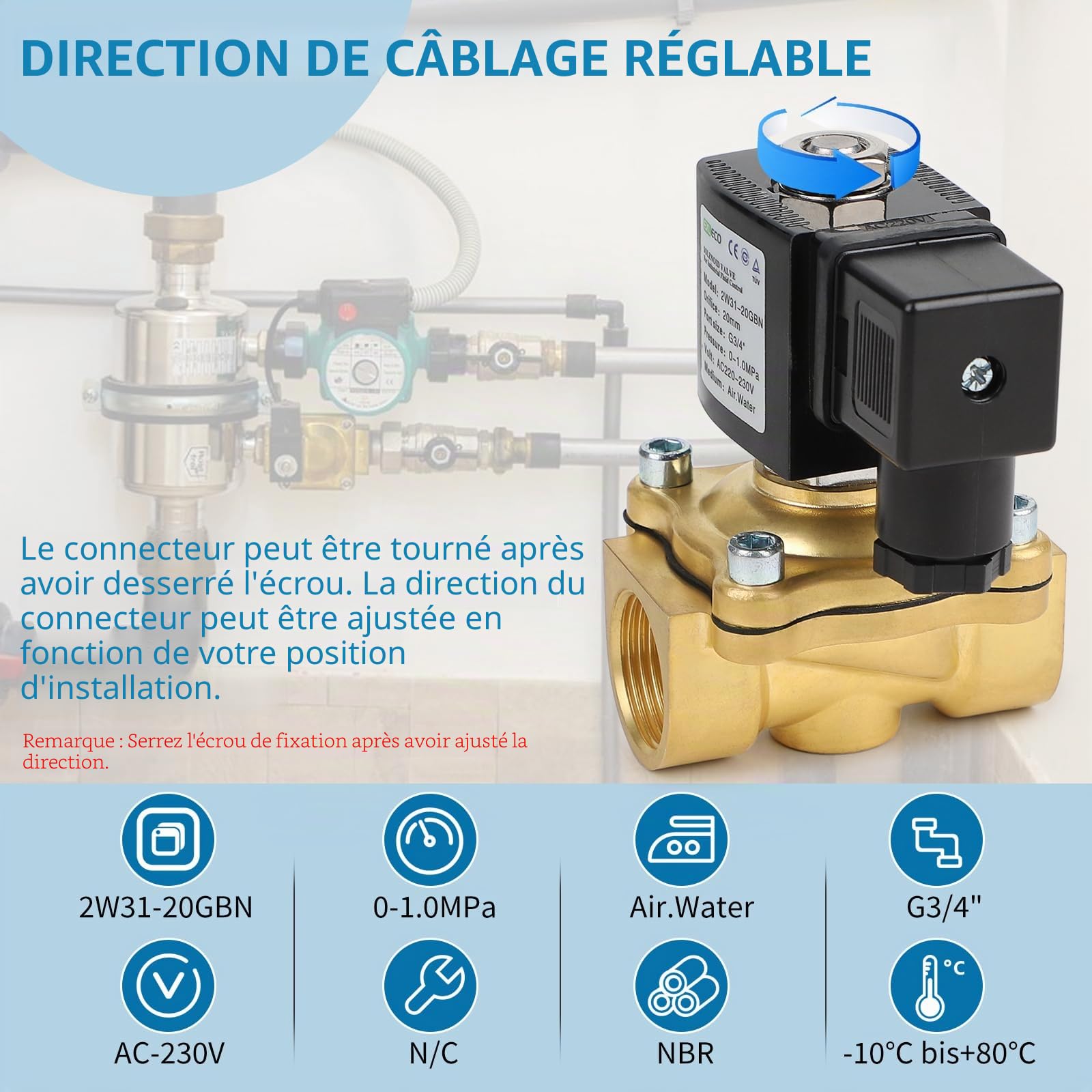 EXLECO Électrovanne 230 V CA en laiton G3/4" - Électrovanne électromagnétique en laiton - Électrovanne électrique magnétique DN20 0-10 bar - Vanne d'admission d'eau - Vanne de distribution d'eau NC