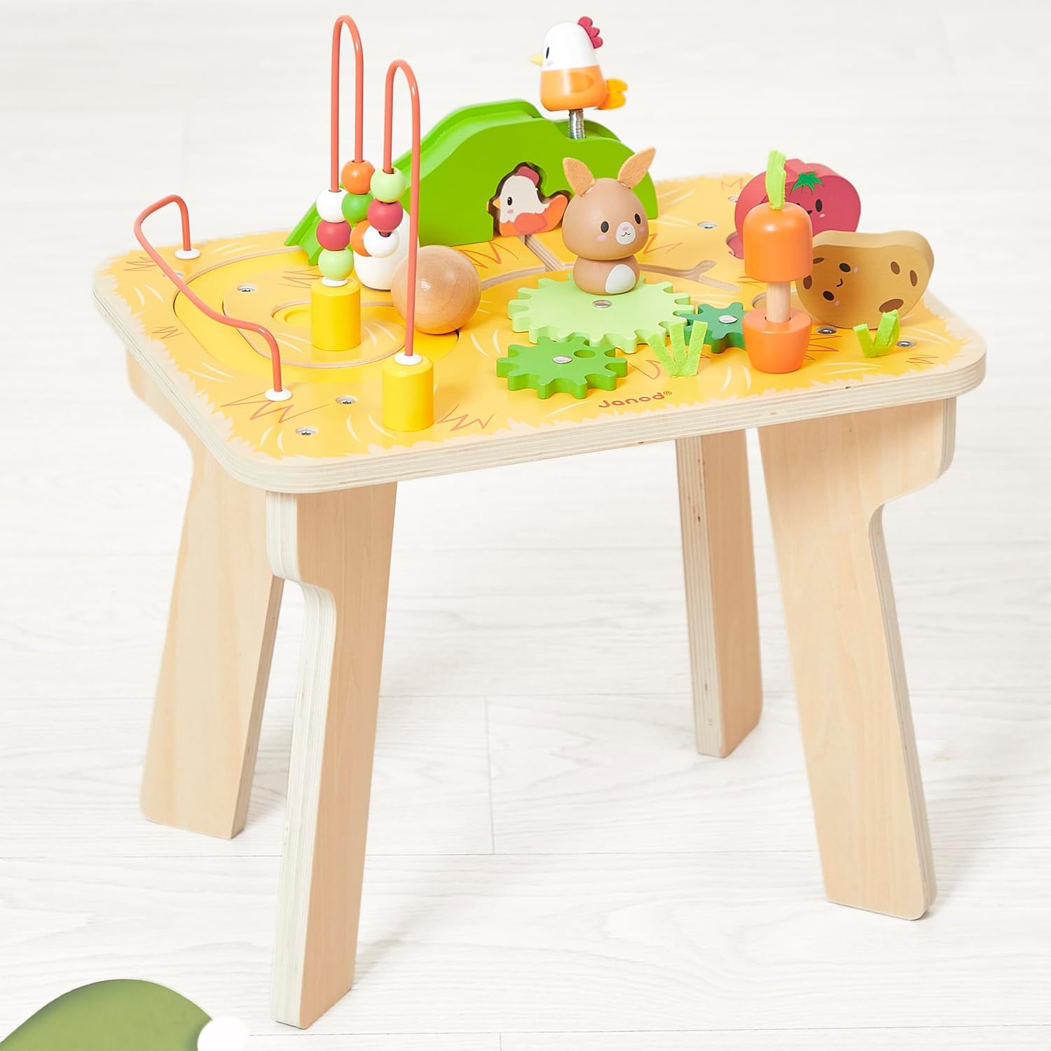 Janod - Wooden Activity Table Farm Theme - 8 Activities for Children - Table Height 32cm - Early Learning Toy - Development of Fine Motor Skills - Wooden - from 12 Months, J03321