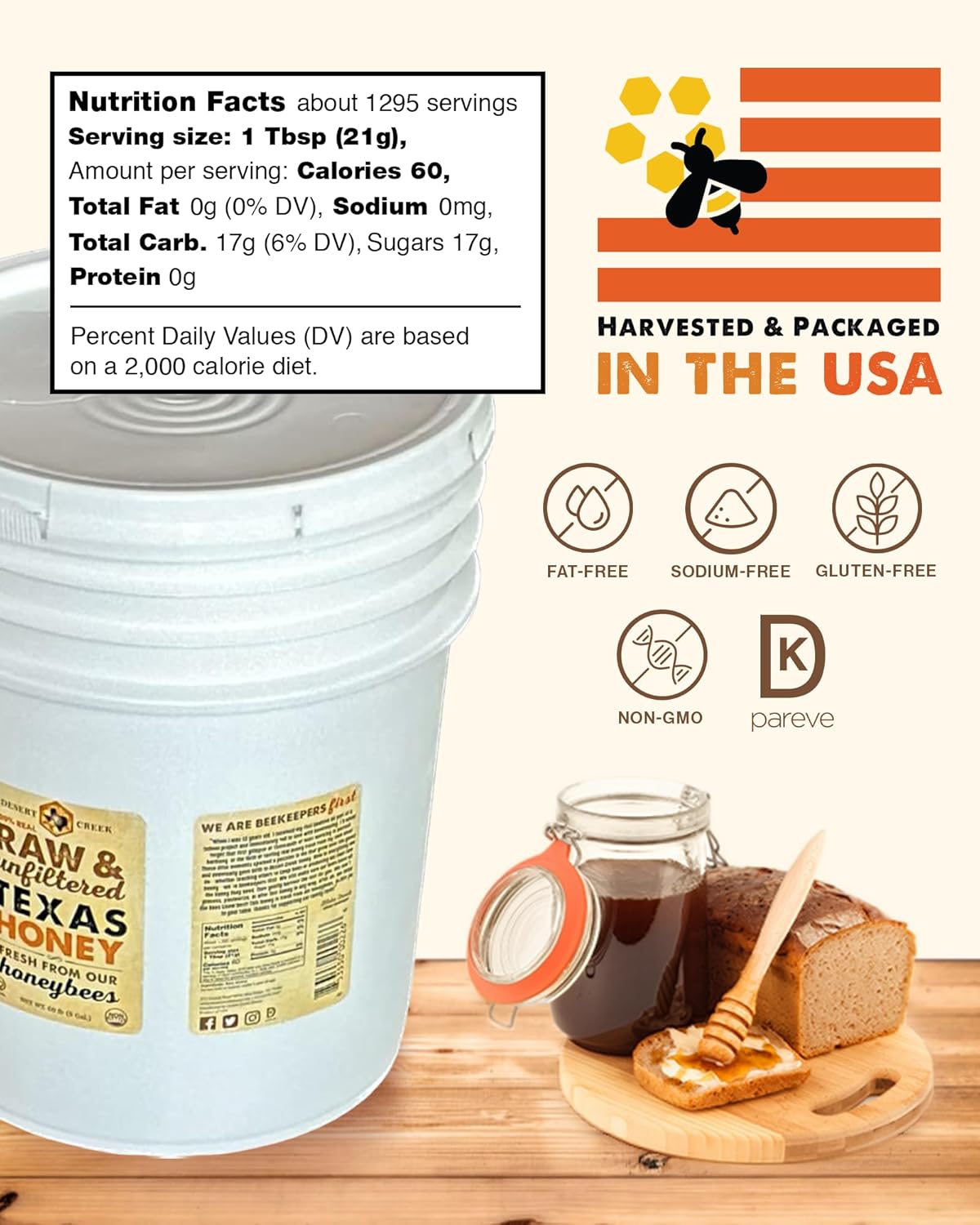 Desert Creek Honey - 100% Raw, Unfiltered, Pure Honey from Texas - Natural Sugar Substitute - Five Gallons of Bulk Unprocessed, Unpasteurized American Honey - Harvested by Our Own Beekeepers