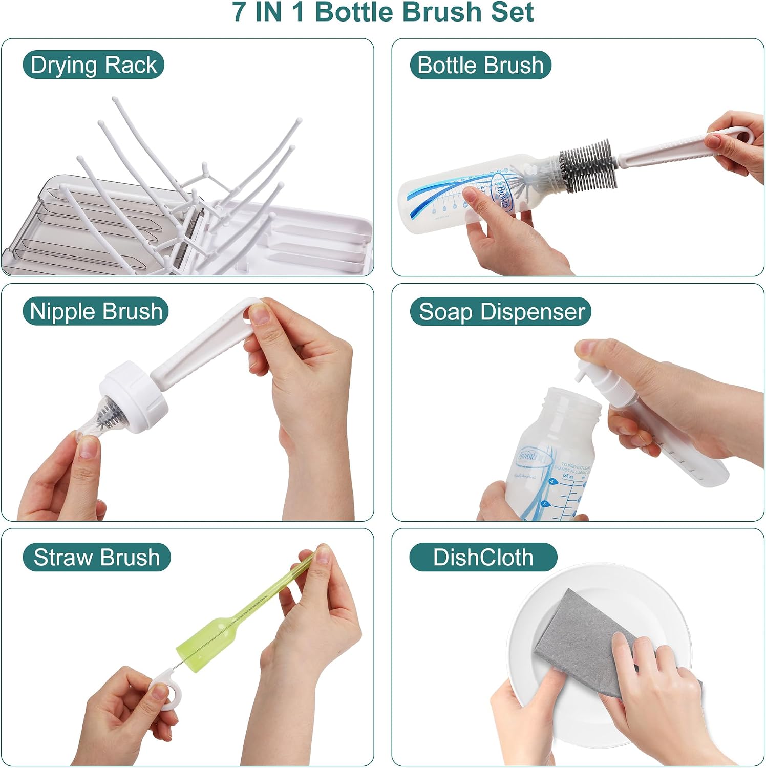 Baby Bottle Brush, 7 in 1 Travel Bottle Cleaner Kit with Soap Dispenser, Bottle Drying Rack, Dishcloths, Portable Essentials for Home and Travel-White